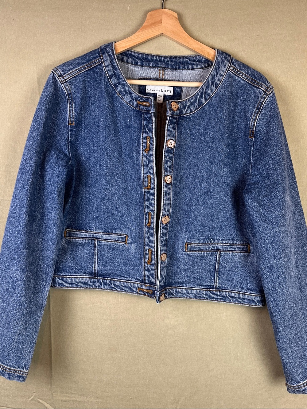 LOFT Women's Blue Denim Collarless Jean Jacket